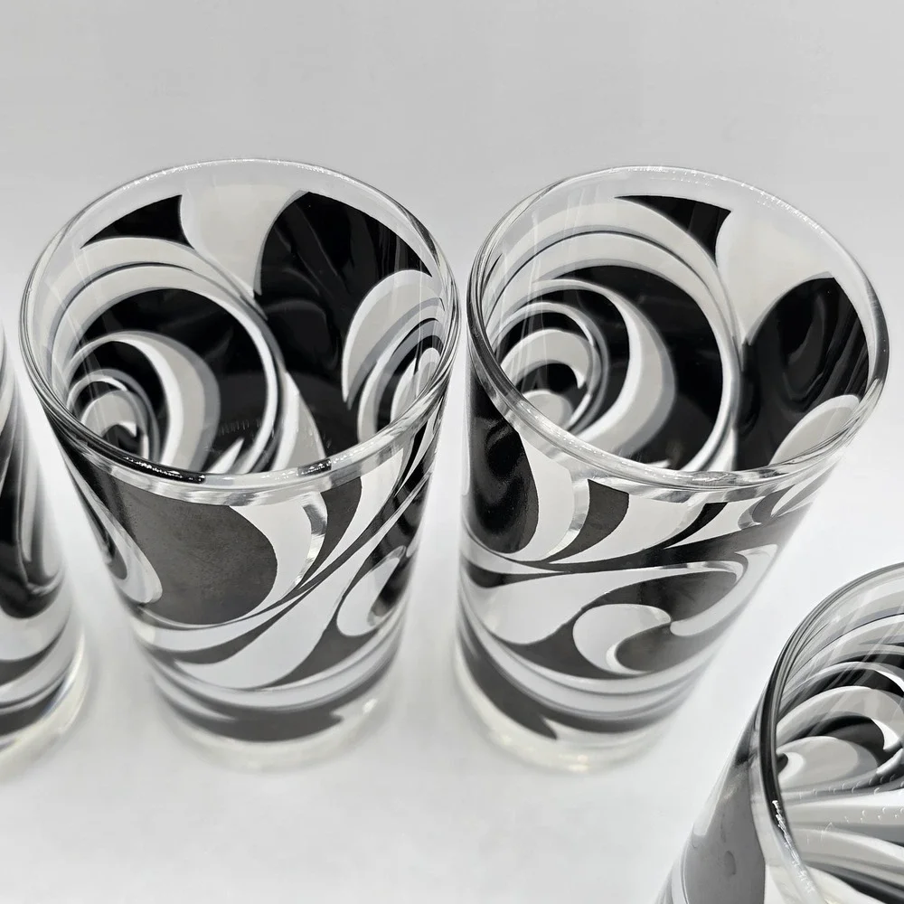 Libbey Partytime Mid-Century Black and White Atomic Swirl Glasses Vhtf Mod‎